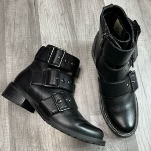 Blondo Waterproof Camila Leather Buckle Strap Zip Moto Boots Black 6 1/2